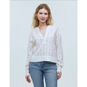 Madewell Long Sleeve Popover V Neck Eyelet Breezy Top US Women's M New